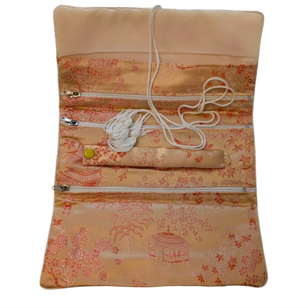 VINTAGE Jewelry Roll Travel Case Cream Coral Red Asian Satin